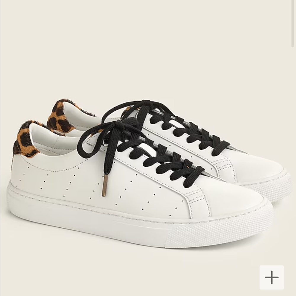 J. Crew White Leather‎ Leopard Calf Hair Saturday Sneakers in Size 6 L7197